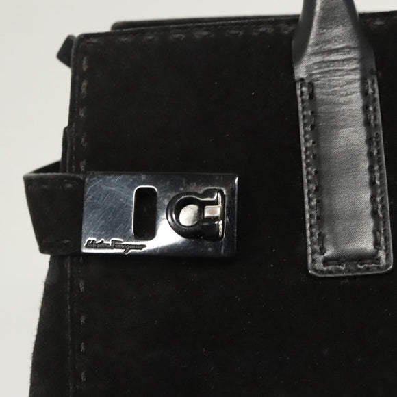 Salvatore Ferragamo Gancini Shoulder Bag Suede Black Silver Auth bs25826