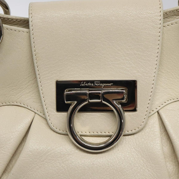 Salvatore Ferragamo Gancini Shoulder Bag Leather White Silver Auth bs25829