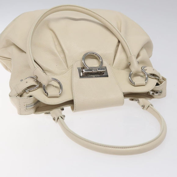Salvatore Ferragamo Gancini Shoulder Bag Leather White Silver Auth bs25829