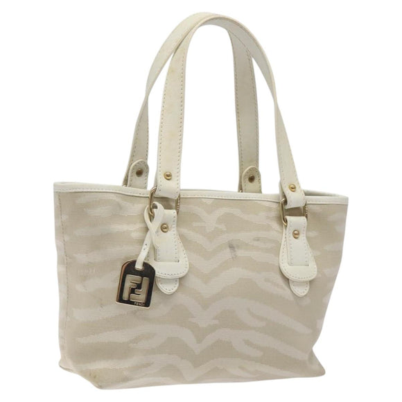 FENDI Hand Bag Canvas White Gold Auth bs25843