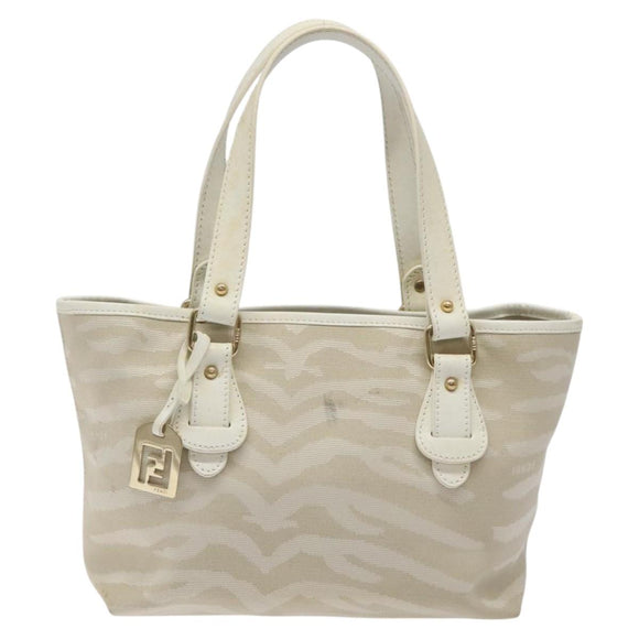 FENDI Hand Bag Canvas White Gold Auth bs25843