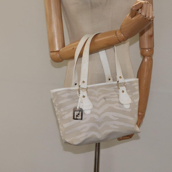 FENDI Hand Bag Canvas White Gold Auth bs25843
