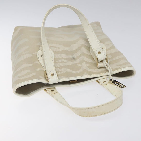 FENDI Hand Bag Canvas White Gold Auth bs25843