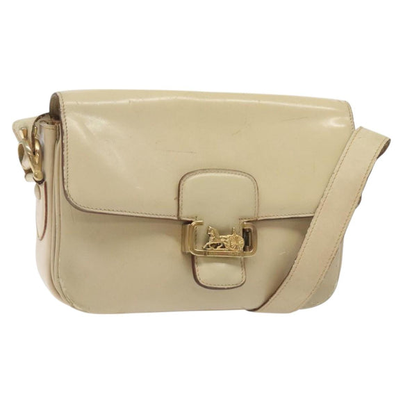 CELINE Shoulder Bag Leather White Gold Auth bs25844
