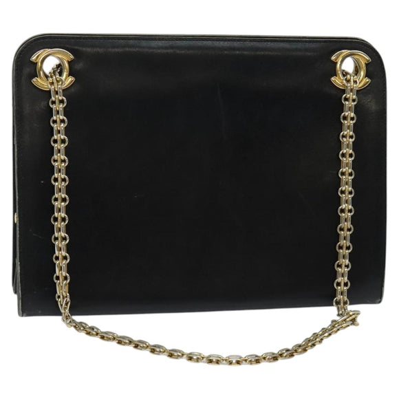 CHANEL Chain Hand Bag Leather Black Gold CC Auth bs25858