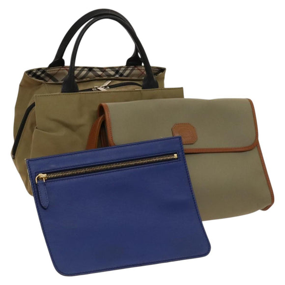 BURBERRY Nova Check Hand Bag Nylon Canvas 3 Set Beige Green Auth bs25973