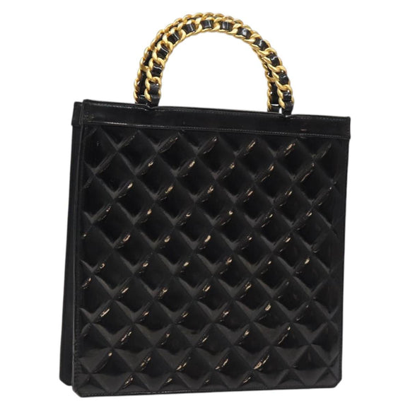 CHANEL Matelasse Chain Hand Bag Enamel Black Gold CC Auth bs25979