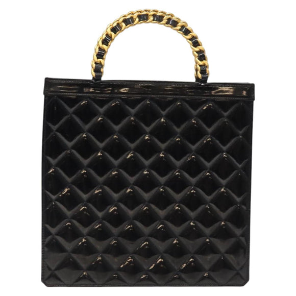CHANEL Matelasse Chain Hand Bag Enamel Black Gold CC Auth bs25979
