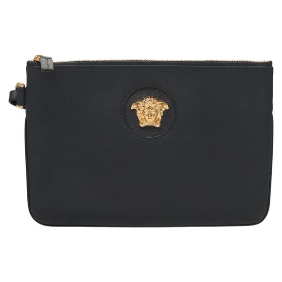 VERSACE Clutch Bag Leather Navy Gold Auth bs26002