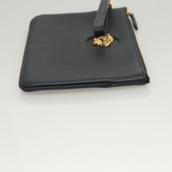 VERSACE Clutch Bag Leather Navy Gold Auth bs26002