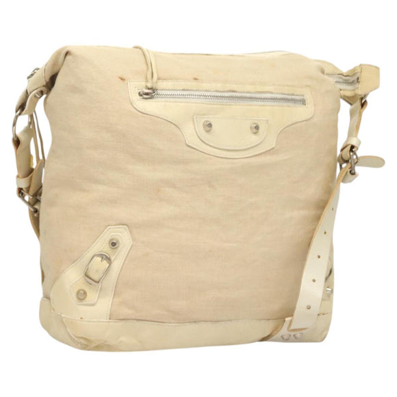 BALENCIAGA The Day Shoulder Bag Canvas Beige Silver 141175 Auth bs26003