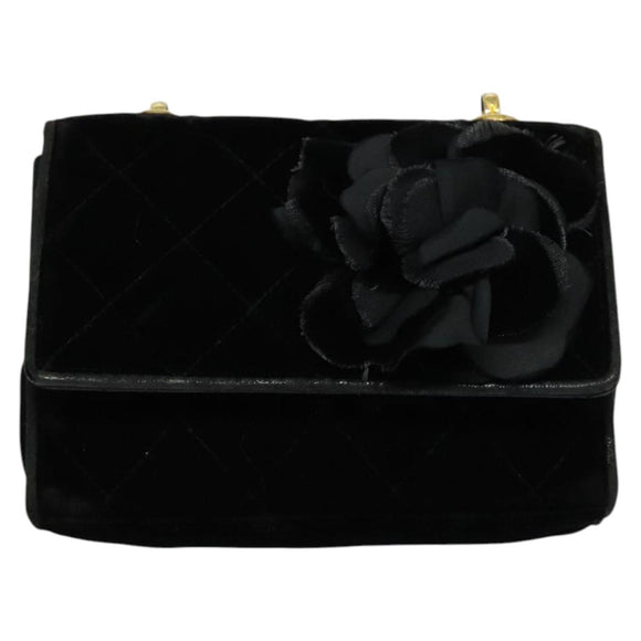 CHANEL Matelasse Camellia Chain Shoulder Bag Velor Black Gold CC Auth bs26015