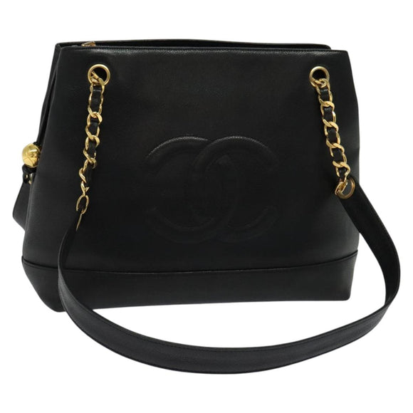 CHANEL COCO Mark Chain Shoulder Bag Caviar Skin Black Gold CC Auth bs26042