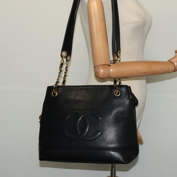 CHANEL COCO Mark Chain Shoulder Bag Caviar Skin Black Gold CC Auth bs26042
