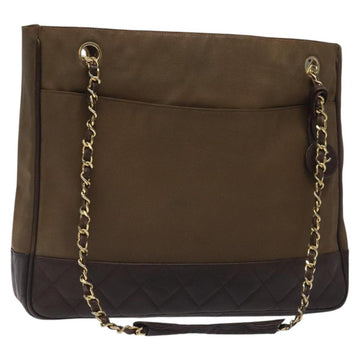CHANEL Chain Tote Bag Coated Canvas Leather Brown Gold CC Auth bs26043