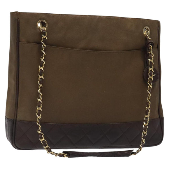 CHANEL Chain Tote Bag Beschichtete Canvas Leder Braun Gold CC Auth bs26043
