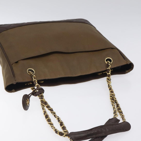 CHANEL Chain Tote Bag Coated Canvas Leather Brown Gold CC Auth bs26043