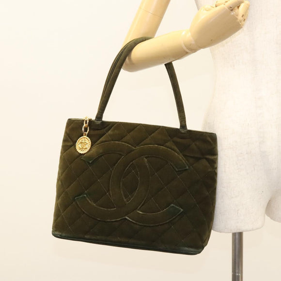 CHANEL Matelasse Reprint Tote Bag Velor Khaki CC Auth bs26044