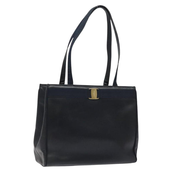 Salvatore Ferragamo Vala Tote Bag Leather Navy Gold Auth bs26090
