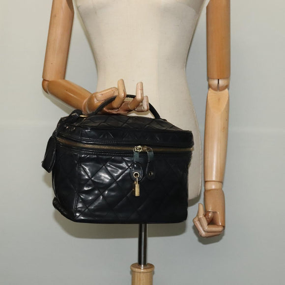 CHANEL Matelasse Vanity Pouch Enamel Black Gold CC Auth bs26105