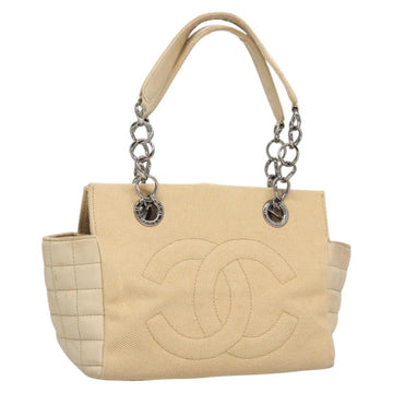 CHANEL Choco Bar Chain Hand Bag Canvas Beige CC Auth bs26212
