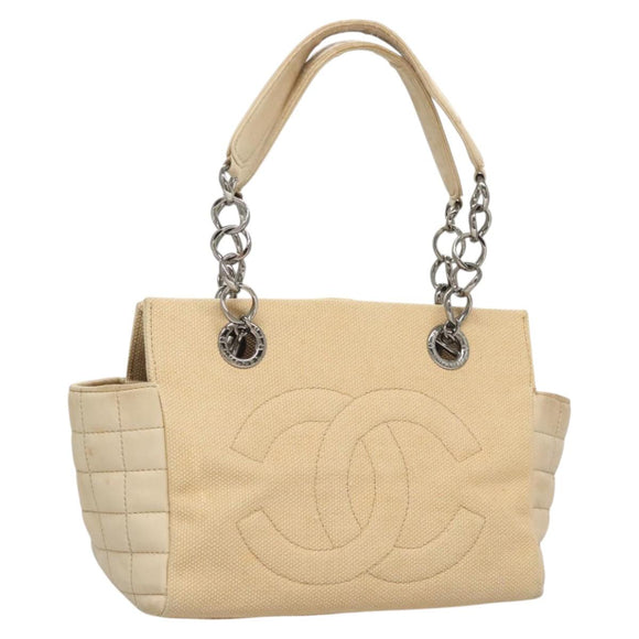 CHANEL Choco Bar Chain Hand Bag Canvas Beige CC Auth bs26212