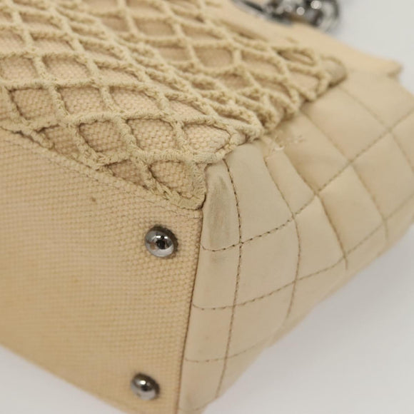 CHANEL Choco Bar Chain Hand Bag Canvas Beige CC Auth bs26212