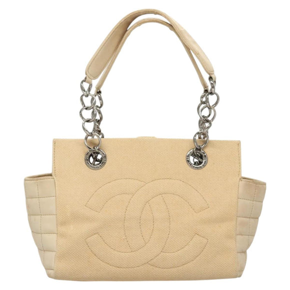CHANEL Choco Bar Chain Hand Bag Canvas Beige CC Auth bs26212