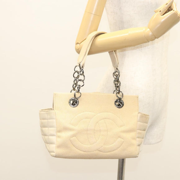 CHANEL Choco Bar Chain Hand Bag Canvas Beige CC Auth bs26212