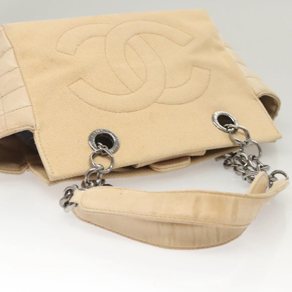 CHANEL Choco Bar Chain Hand Bag Canvas Beige CC Auth bs26212