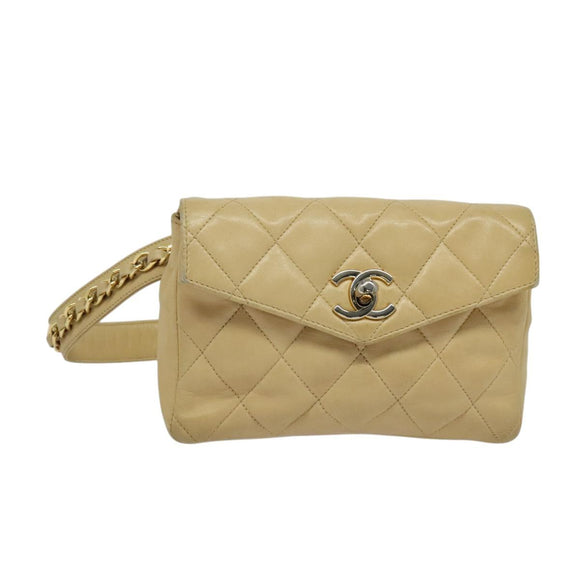 CHANEL Matelasse Chain Waist bag Lamb Skin Beige Gold CC Auth bs26213