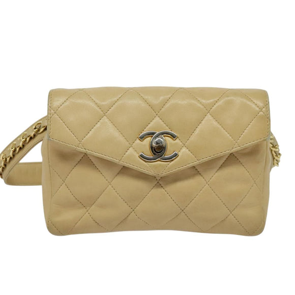 CHANEL Matelasse Chain Waist bag Lamb Skin Beige Gold CC Auth bs26213