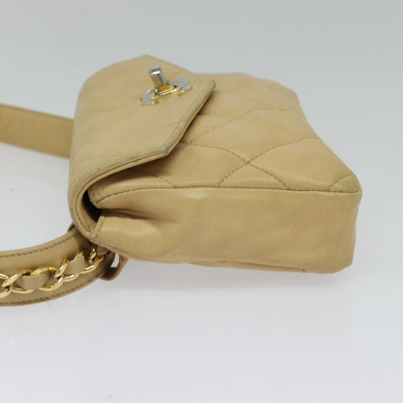 CHANEL Matelasse Chain Waist bag Lamb Skin Beige Gold CC Auth bs26213