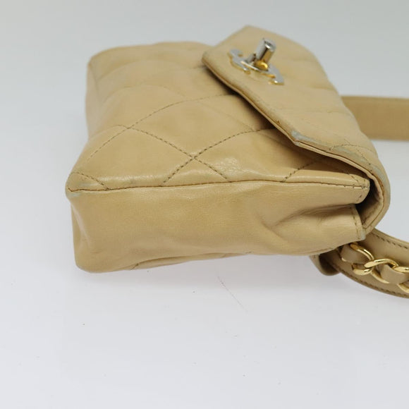 CHANEL Matelasse Chain Waist bag Lamb Skin Beige Gold CC Auth bs26213