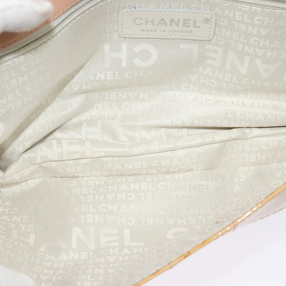 CHANEL Choco Bar Chain Shoulder Bag Patent leather Beige Silver CC Auth bs26215