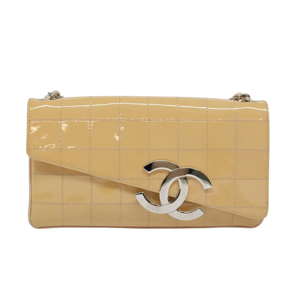 CHANEL Choco Bar Chain Shoulder Bag Patent leather Beige Silver CC Auth bs26215
