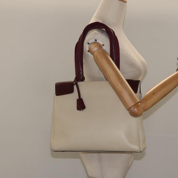 PRADA Shoulder Bag Leather Beige Silver Auth bs26273