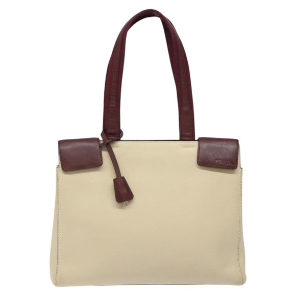 PRADA Shoulder Bag Leather Beige Silver Auth bs26273