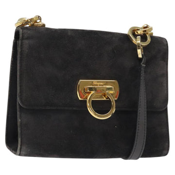 Salvatore Ferragamo Gancini Shoulder Bag Suede Black Gold Auth bs26286