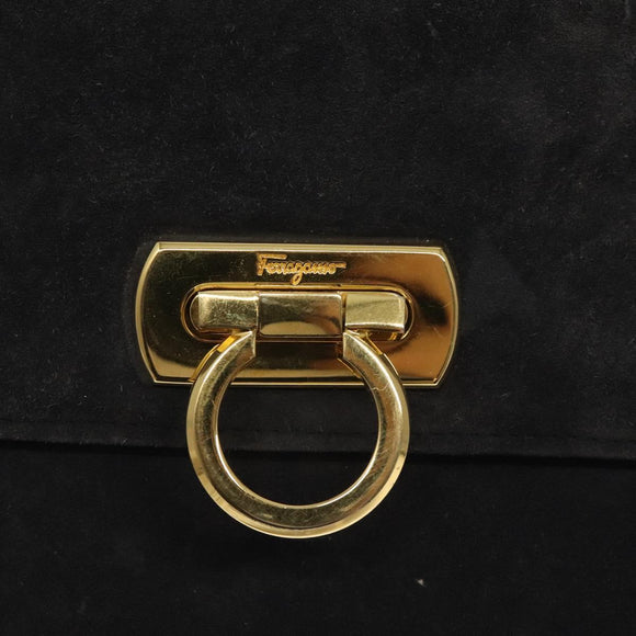 Salvatore Ferragamo Gancini Shoulder Bag Suede Black Gold Auth bs26286