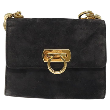 Salvatore Ferragamo Gancini Shoulder Bag Suede Black Gold Auth bs26286 - 0