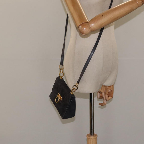 Salvatore Ferragamo Gancini Shoulder Bag Suede Black Gold Auth bs26286