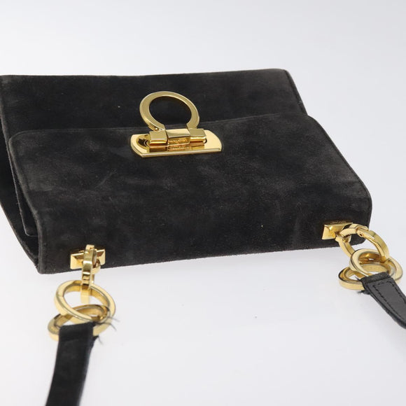 Salvatore Ferragamo Gancini Shoulder Bag Suede Black Gold Auth bs26286