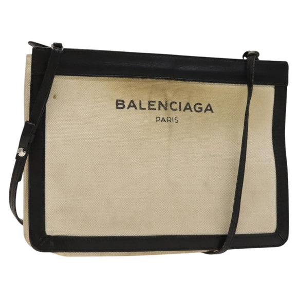 BALENCIAGA Shoulder Bag Canvas Beige Black Silver Auth bs26288