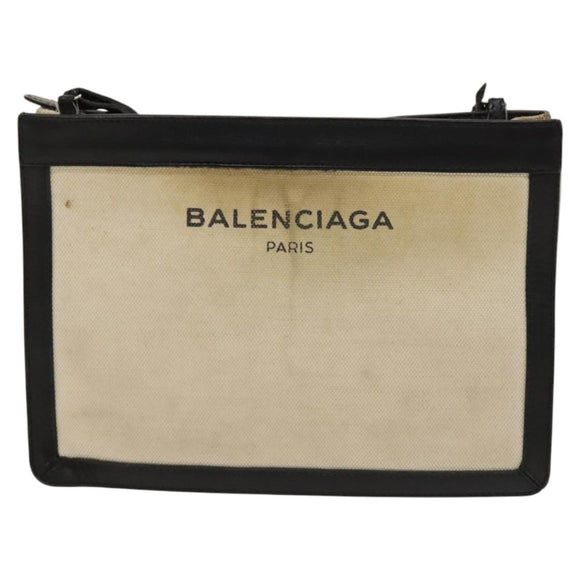 BALENCIAGA Shoulder Bag Canvas Beige Black Silver Auth bs26288