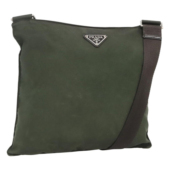 PRADA Shoulder Bag Nylon Khaki Silver Auth bs26349