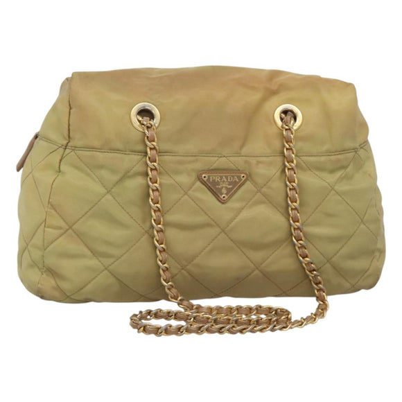 PRADA Chain Shoulder Bag Nylon Beige Gold Auth bs26352