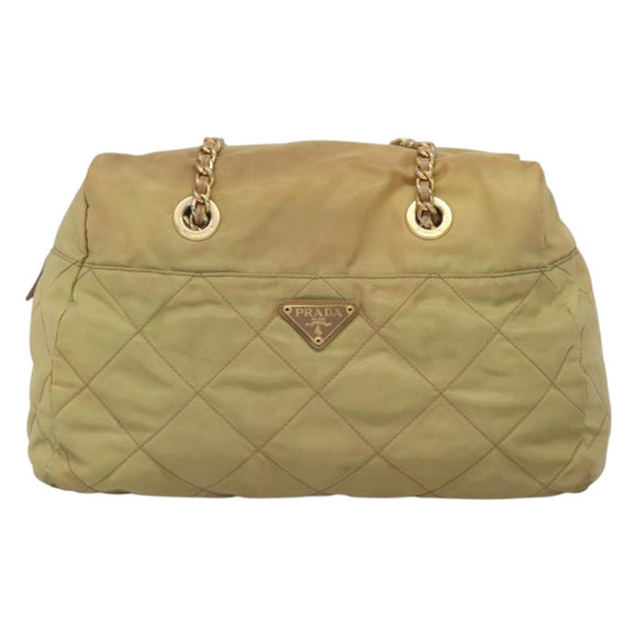 PRADA Chain Shoulder Bag Nylon Beige Gold Auth bs26352