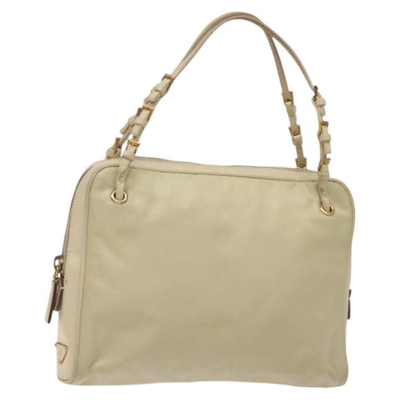 PRADA Hand Bag Nylon Leather Beige Gold Auth bs26363
