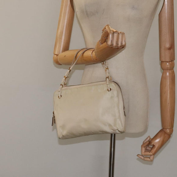 PRADA Hand Bag Nylon Leather Beige Gold Auth bs26363